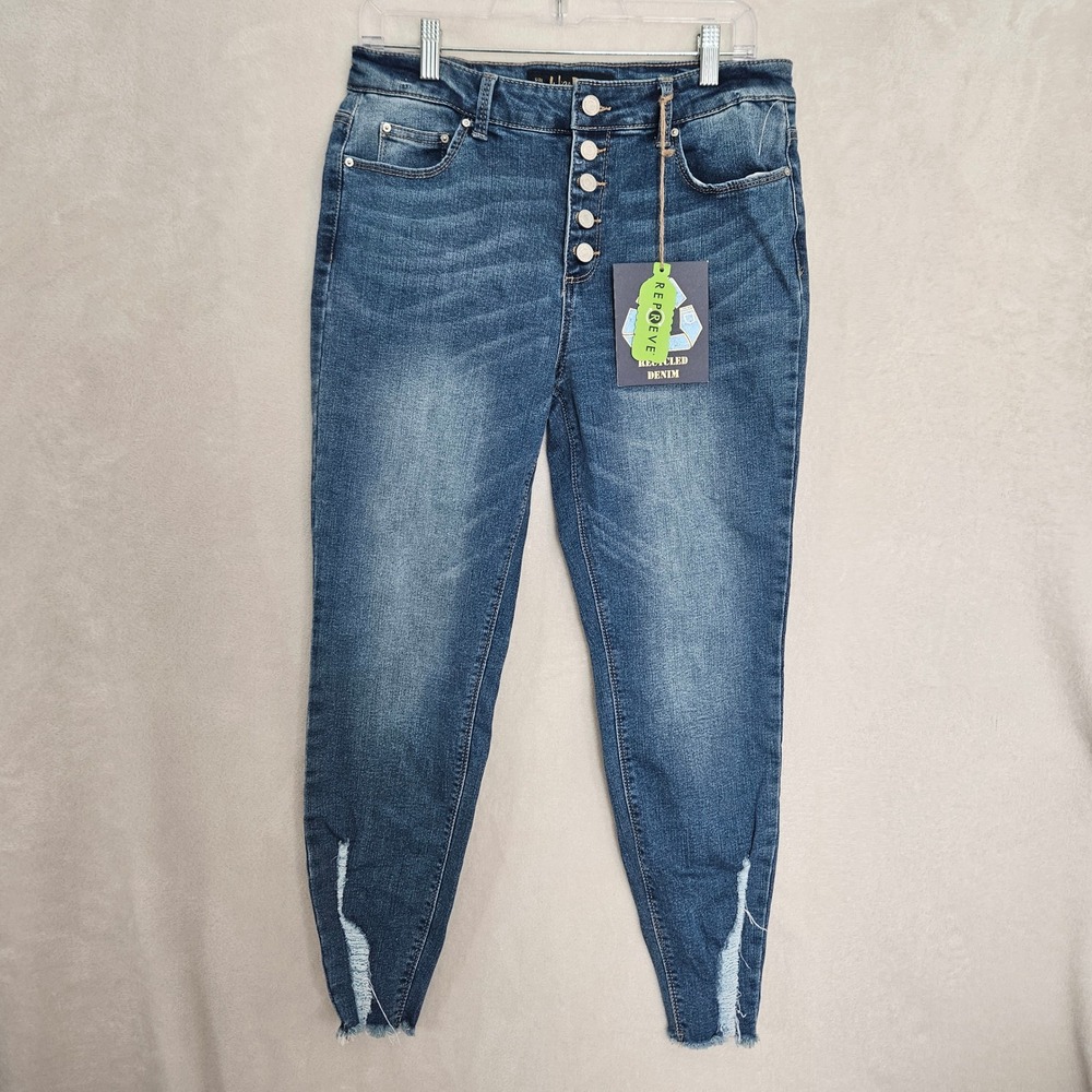 Indigo Rein Womens High Rise Jeans Size 13 Medium Wash Button Fly Distressed